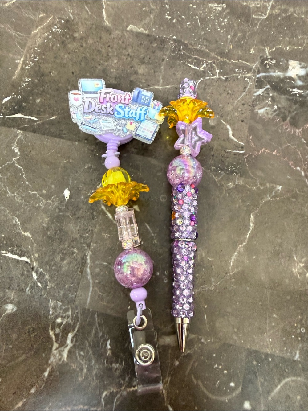 Purple Front Desk Staff Rhinestone Beaded Pen and Matching Badge Reel Handmade